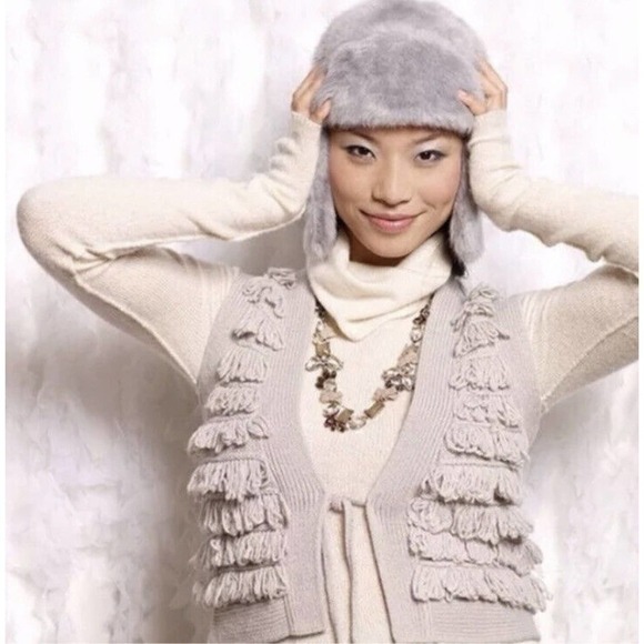 Anthropologie Sleeping On Snow Wool Blend Loop Fringe Vest Cardigan Size M Gray - Picture 2 of 9